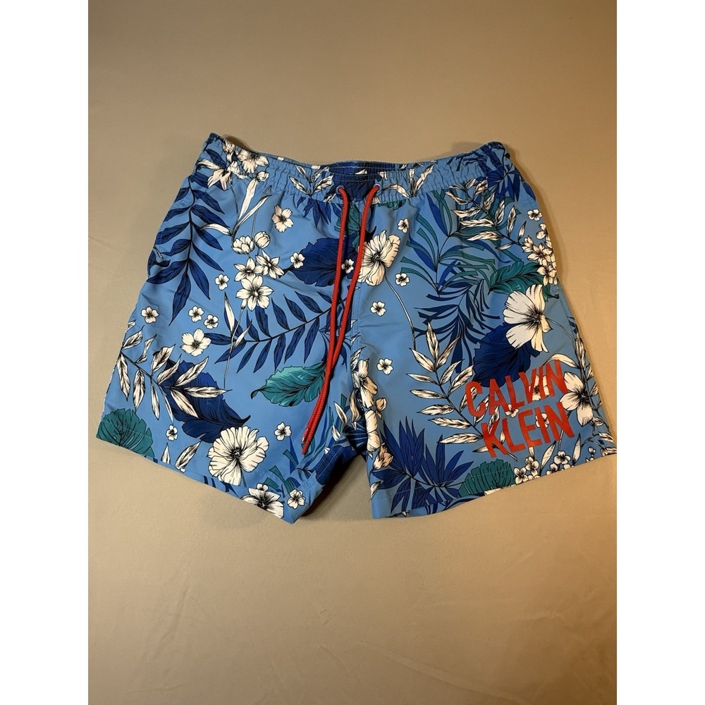 Calvin Klein Men's Regular Fit Swim Trunks, Large, Blue Floral Pattern